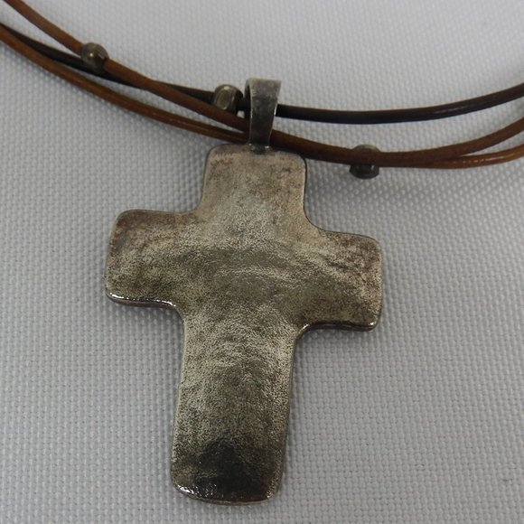L721 Brown Cord Hammered Cross Necklace Stamped 925 Israel - Picture 2 of 6
